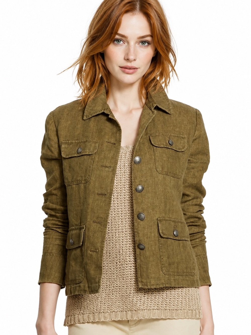 Lauren Ralph Lauren Olive Green Linen Casual Utility Jacket